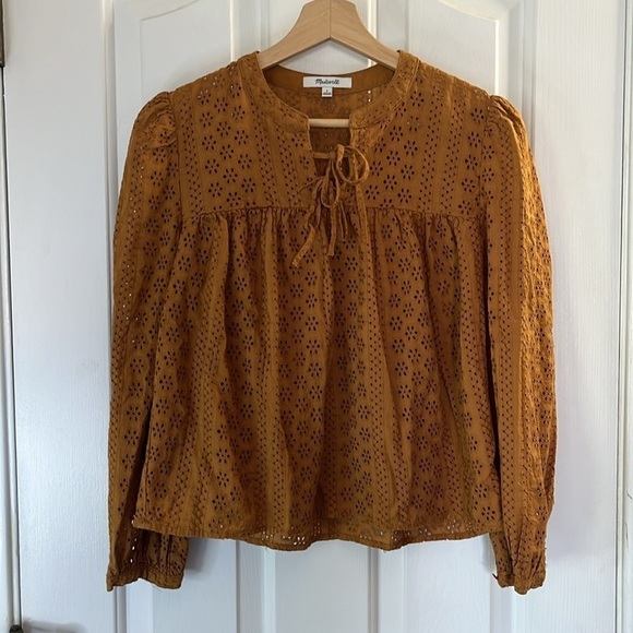 Madewell | Eyelet Double-Tie Boho Peasant Top Mustard Yellow Size Small - Picture 4 of 7